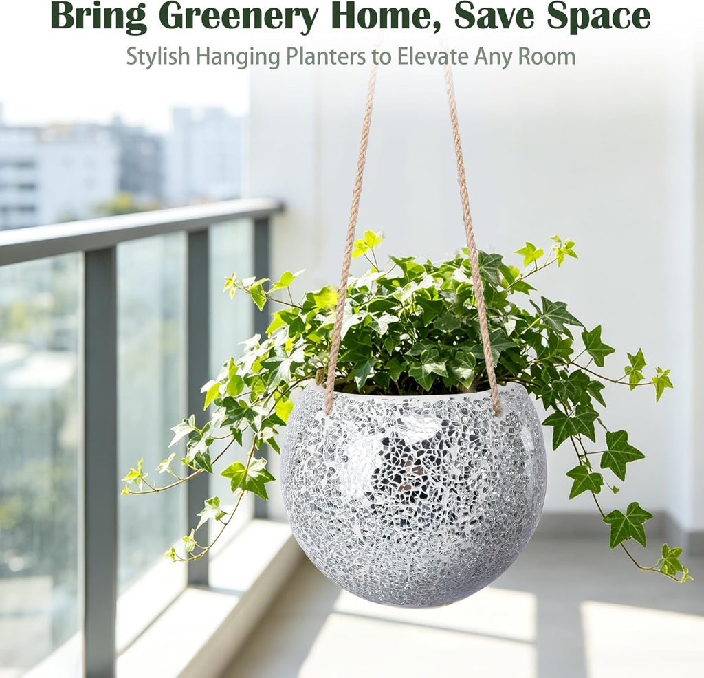 Ceramic Hanging Planter, Silver Small Flower Plant Pot Indoor Decor | Handmade Mosaic Disco Ball Design, with Drainage
