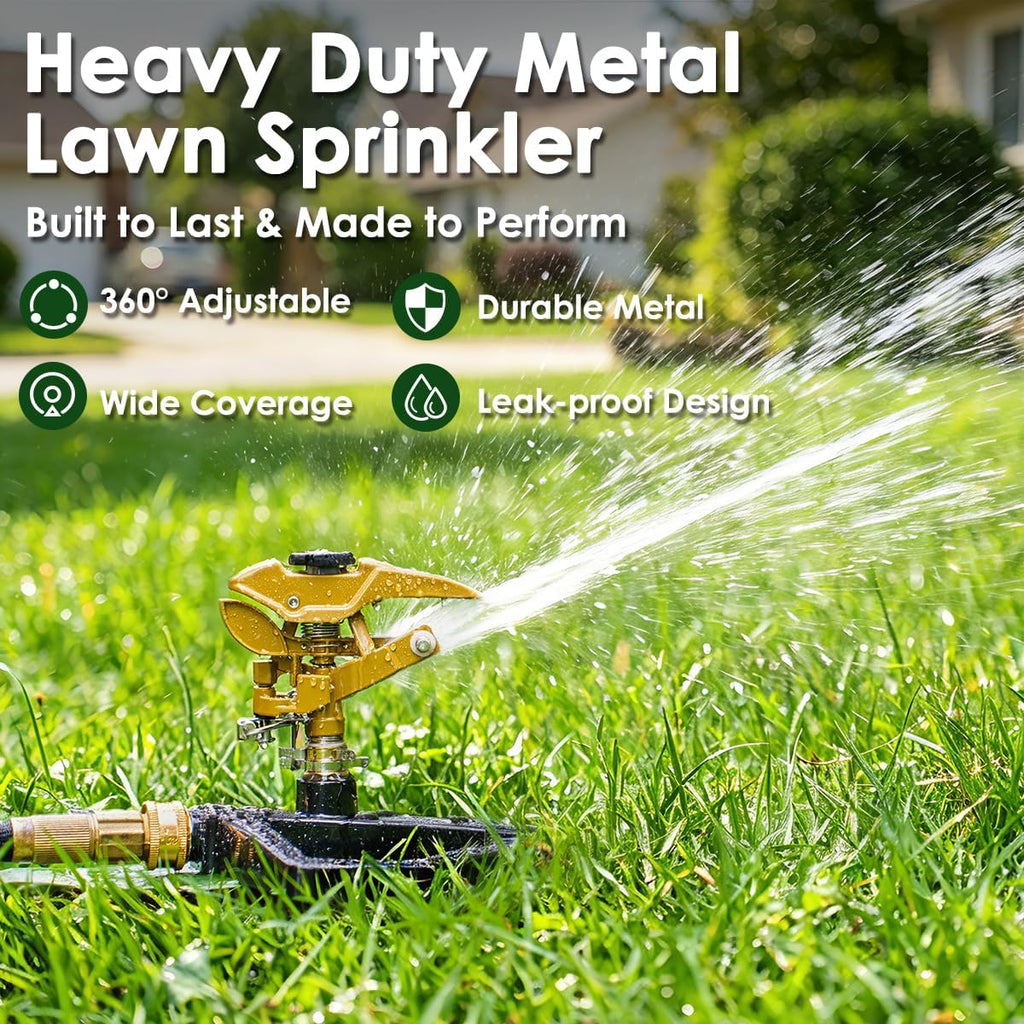 FANHAO Heavy Duty Pulsating Impact Sprinkler with Metal Base, 100% Metal 360° Adjustable Garden Sprinkler, Covers Up to