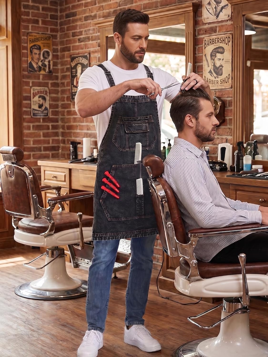 Denim Apron with Pockets for Hair Stylist Cross Back Men Women | Gardening Craftsmen Barista Hairdresser Jean Work