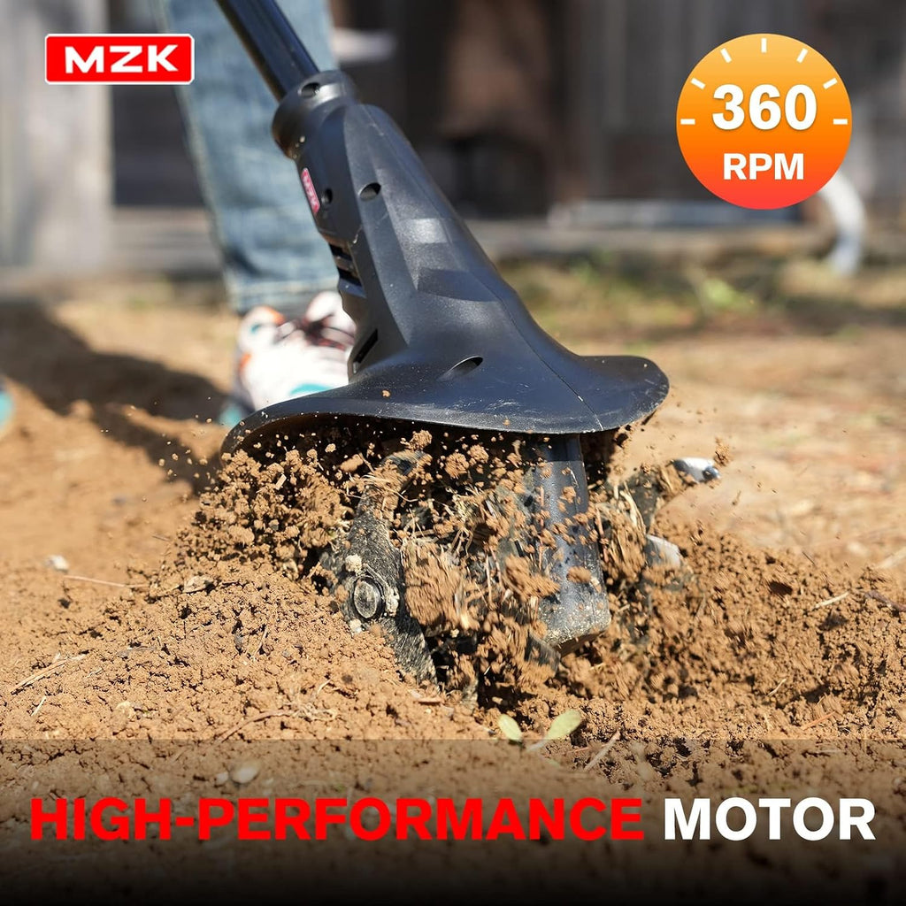 MZK 20V Cordless Tiller Cultivator, 8-Inch Steel Tines,360 RPM | Battery-powered mini garden cultivator for soil