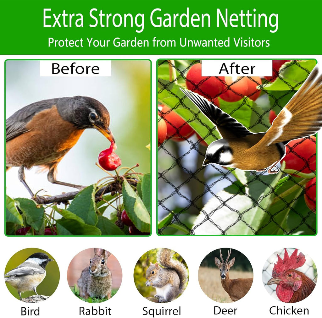Bird Netting for Garden 28 x 30 FT, Heavy Duty 3/8" Woven Mesh Garden Netting with 12 Stakes, HDPE Anti Bird Net for
