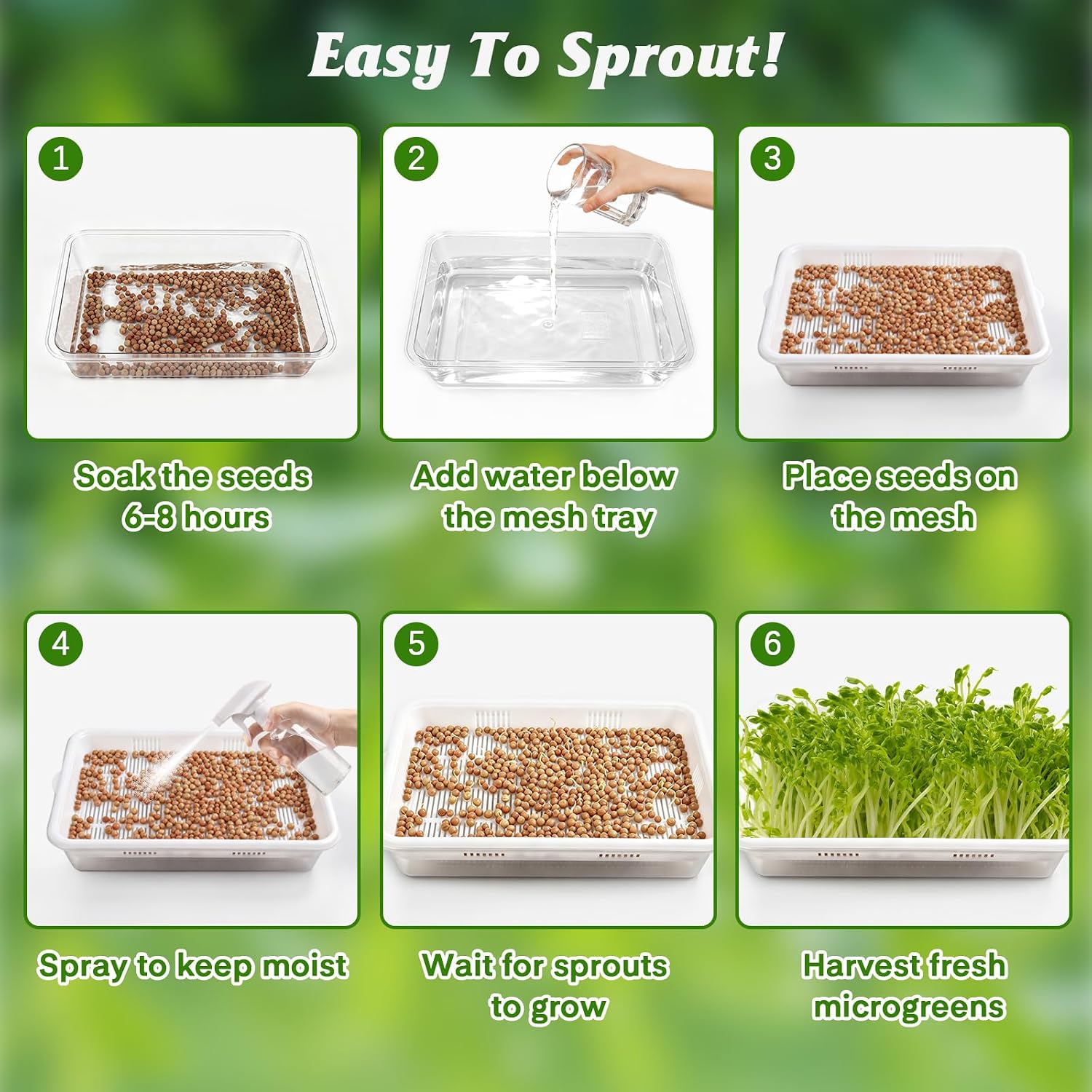 3 Pack Microgreens Growing Trays with Drain Holes, Acrylic Germination Trays with Silicone Mats and Spray Bottle, BPA