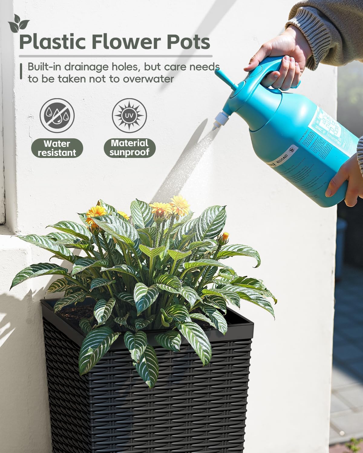 Greesum 24 Inch Tall Plastic Planters with Rattan Texture – Set of 2, Black | Detachable Inner Pot & Drainage Holes