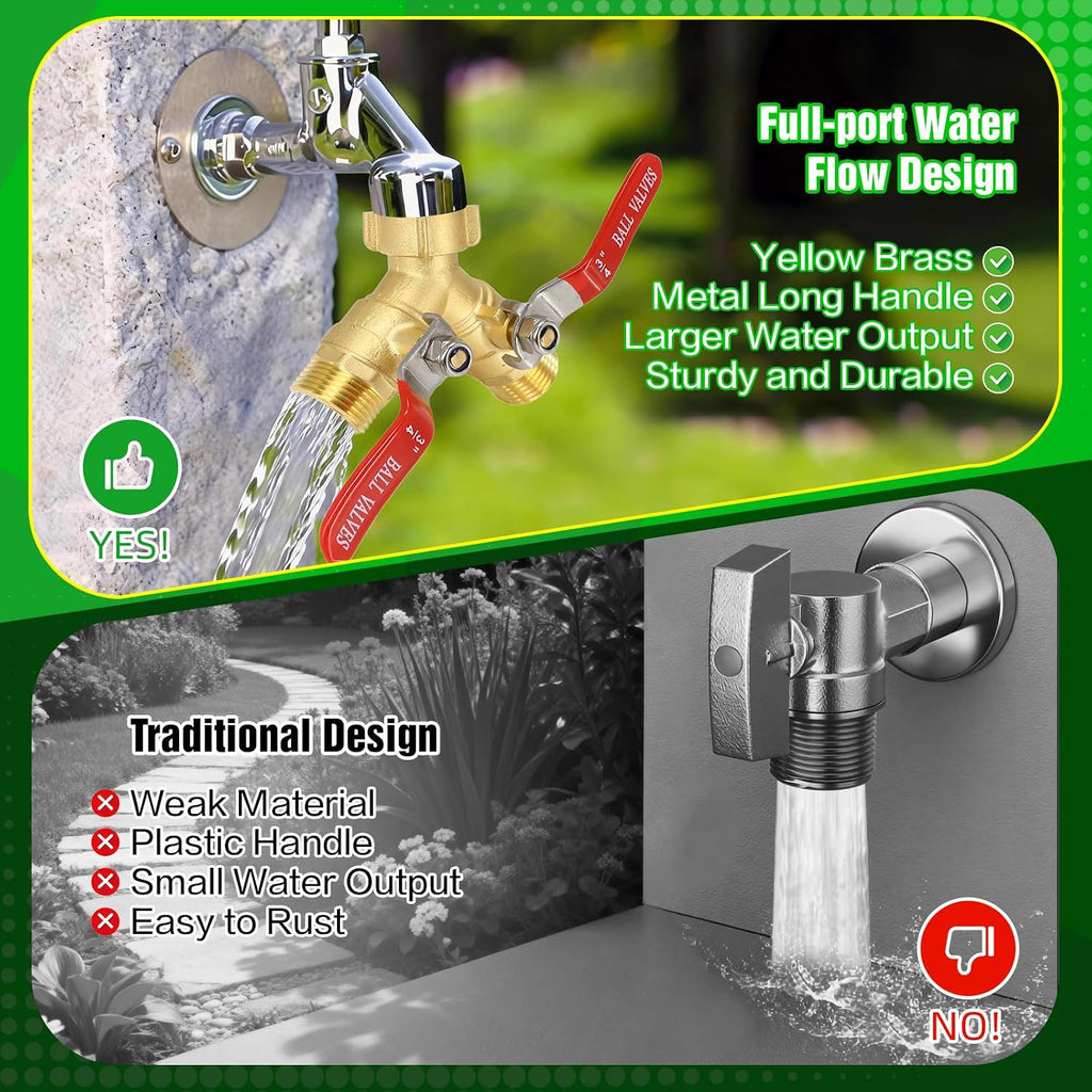 Brass Garden Hose Splitter 2 Way Heavy Duty with Metal Extended Handle | Outdoor Duel Water Hose Splitter, Dual Outdoor