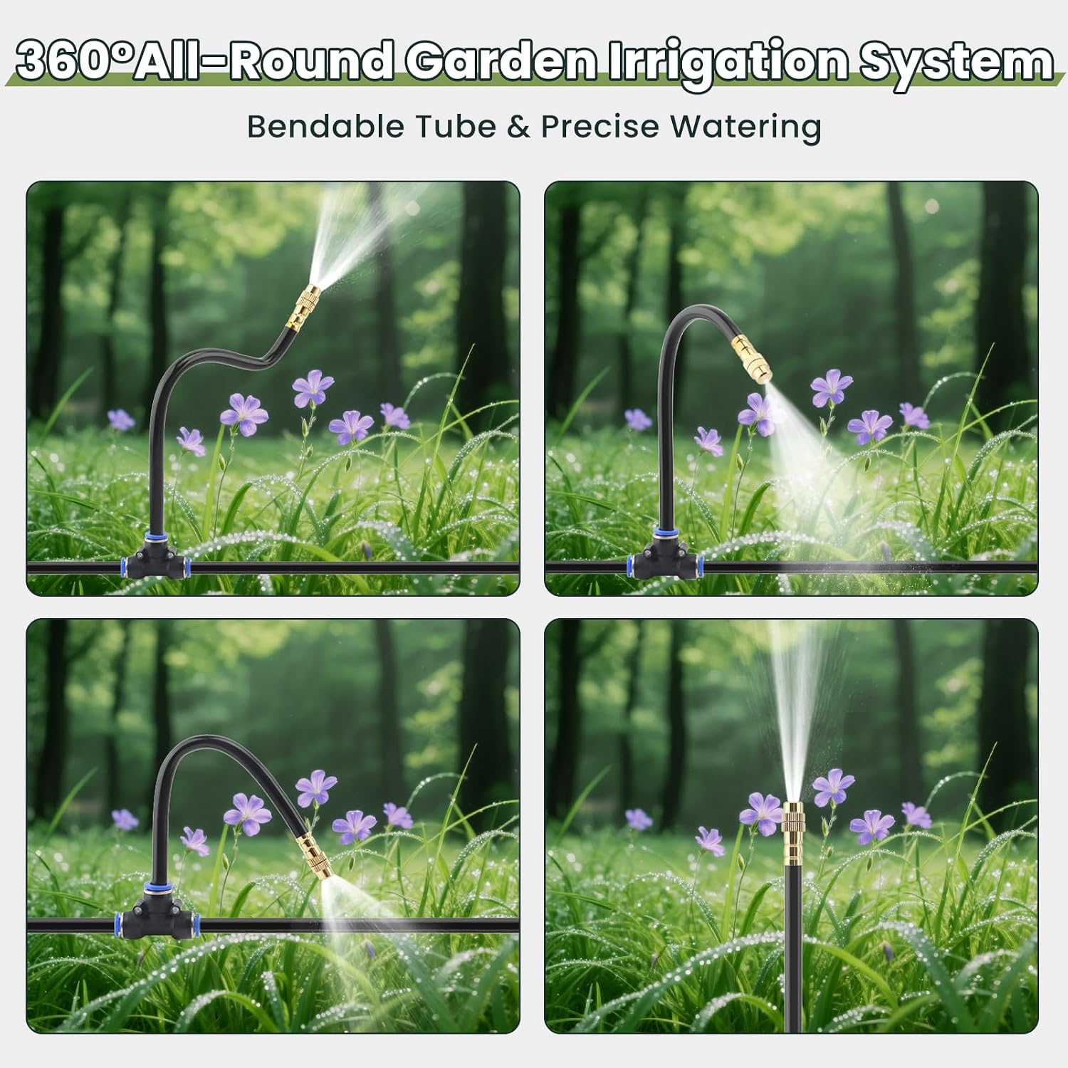 100Ft Drip Irrigation System,1/4" 360°Bendable Fast-Lock Tubing with24pcs Adjustable Misting Copper Nozzles, Automatic