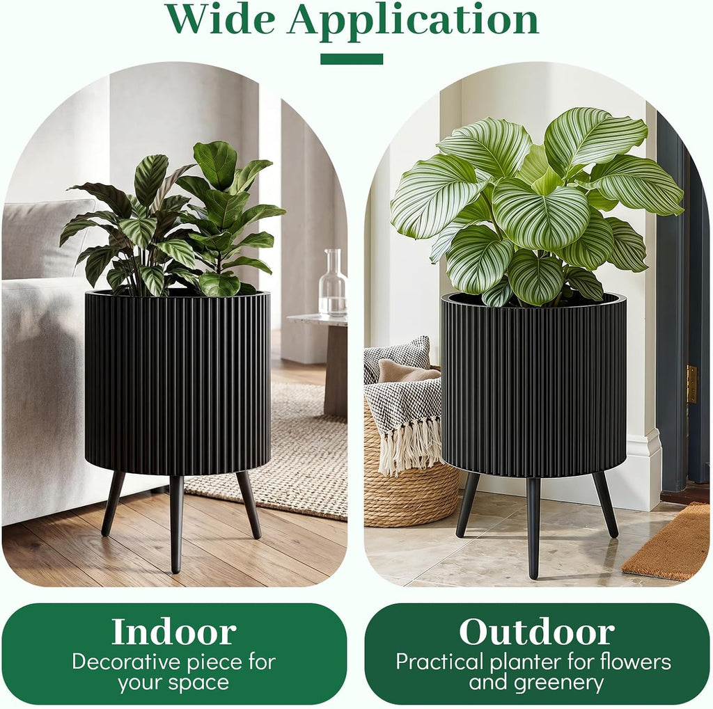 GIANTEX 16 Inch Plant Pot with Stand, Mid-Century Modern Fluted Planter | Built-in Drainage Holes, Tapered Legs, Metal