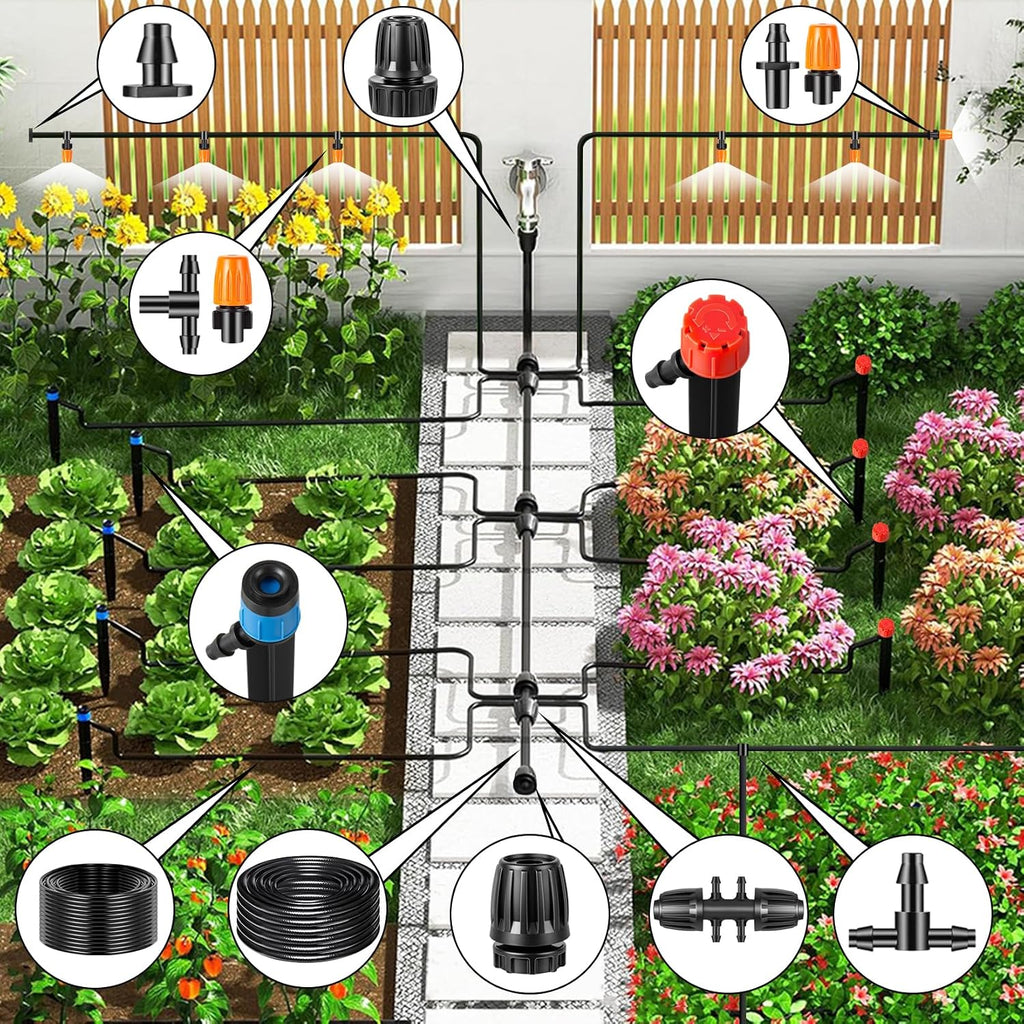 250FT Drip Irrigation System Kit, Automatic Drip Irrigation Kit with 1/2 inch Hose 1/4 inch Distribution Tubing and