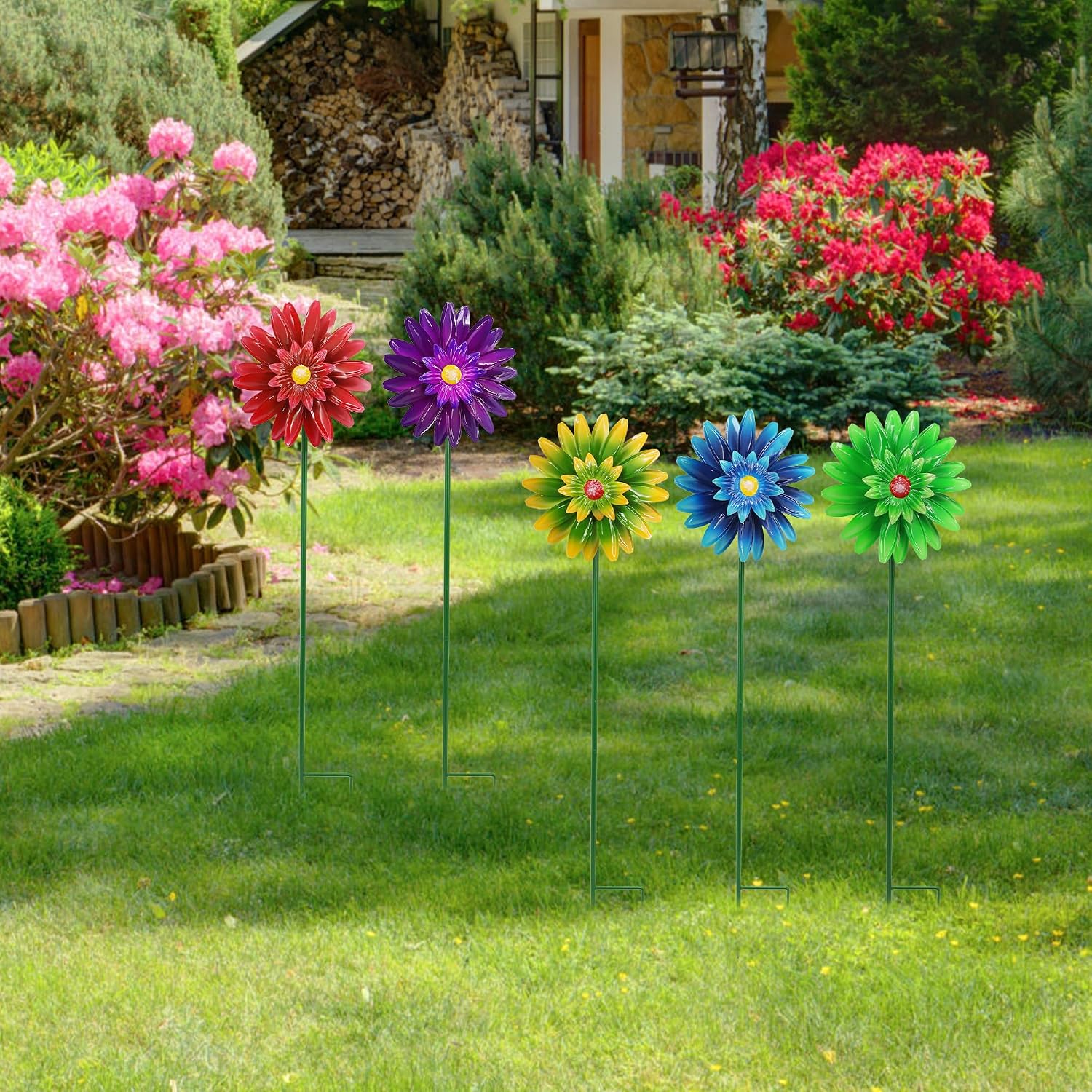Metal Flower Wind Spinner Garden Stake Yard Art, Lawn Windmill Ornaments | WEIBEFEE; 5 Pieces;Lawn Ornament; 27 Inch