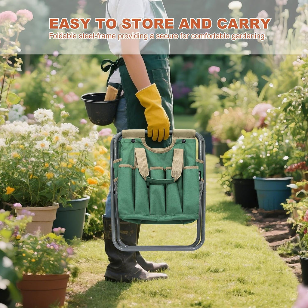 Folding Gardening Stool with Detachable Storage Tote Bag, Gardening Tools Set Organizer for Fishing Outdoor Sports