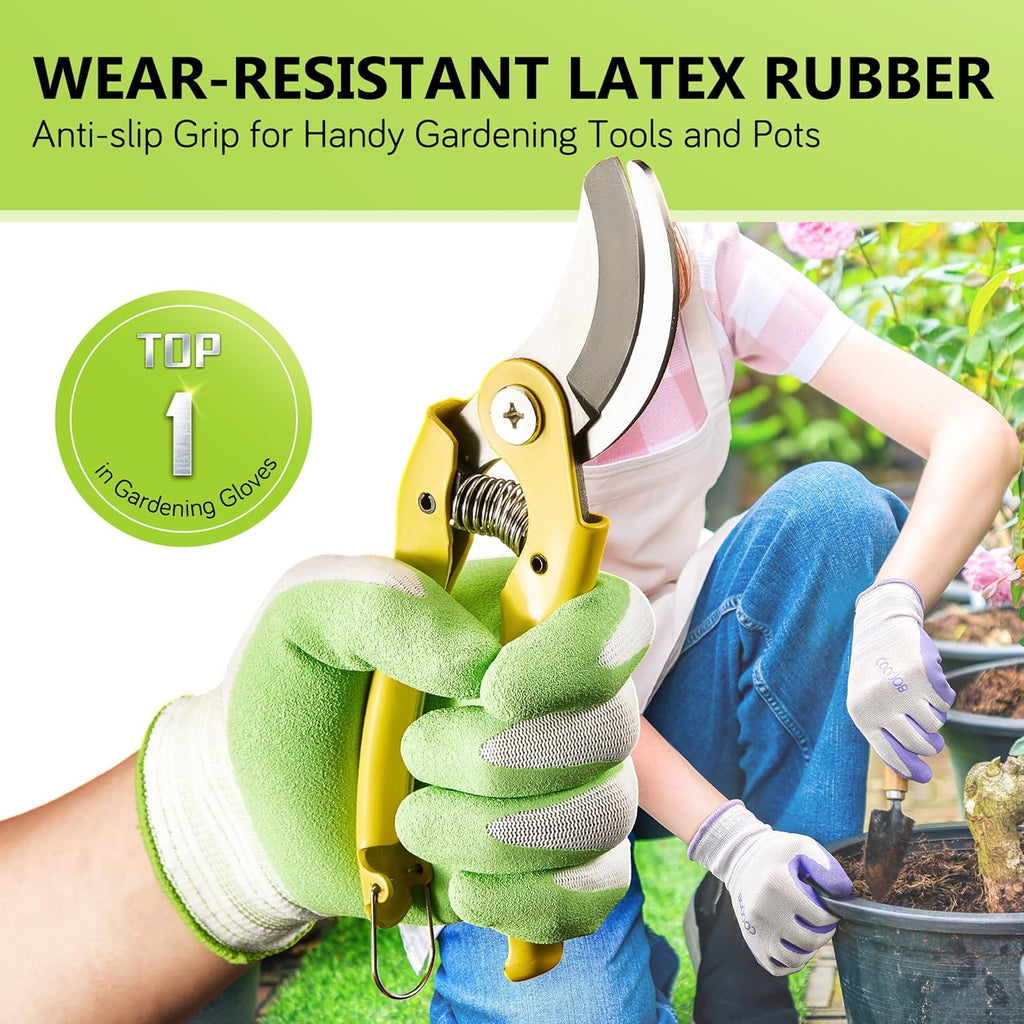 COOLJOB 10 Pairs Gardening Gloves for Women, Breathable Rubber Coated, M | Purple & Green, Textured Latex Palm
