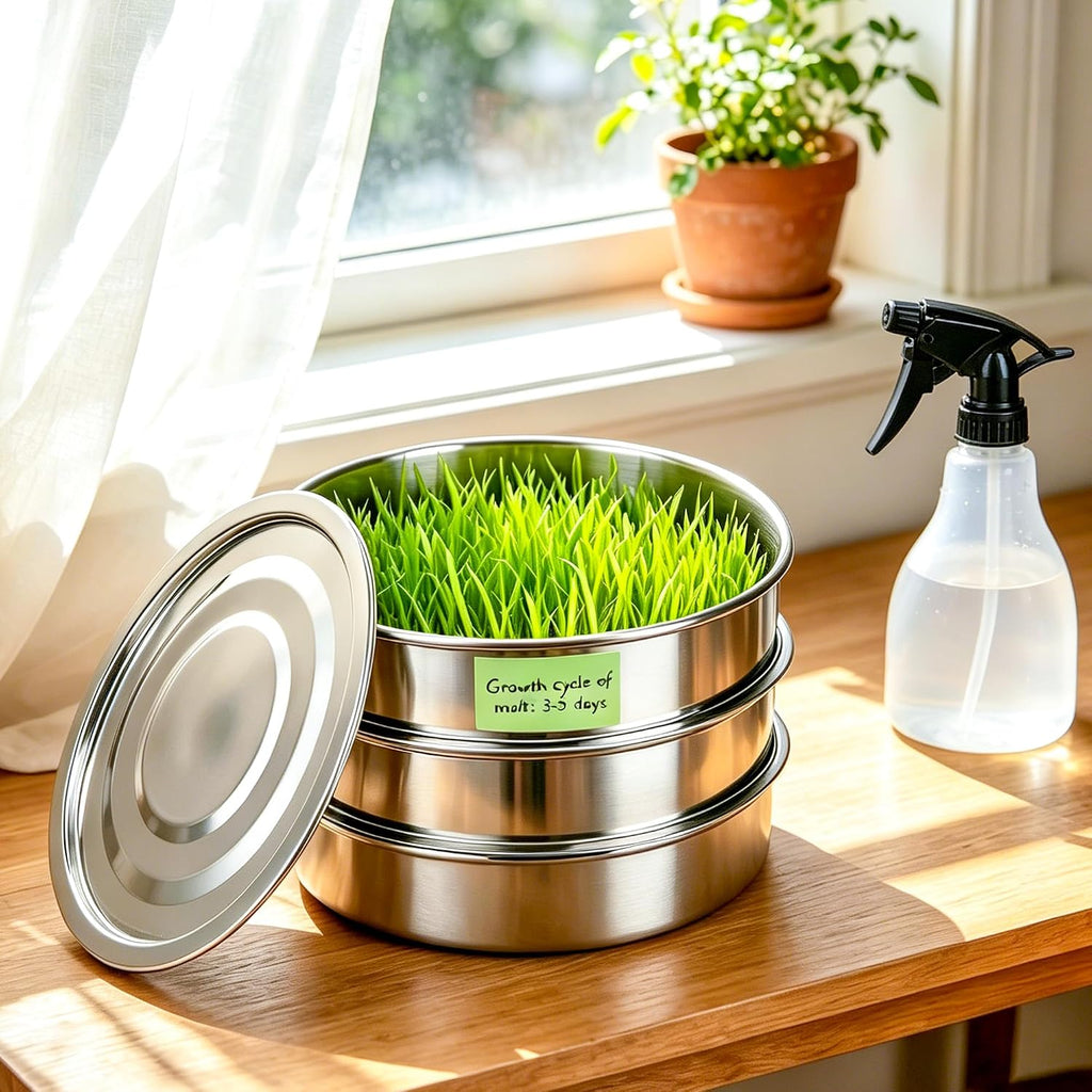 AKAZA 9 Inch Stackable Stainless Steel 3-Tier Mesh Seed Sprouting Kit | 1 Base and 1 Cover Lid with Pen, Brush and