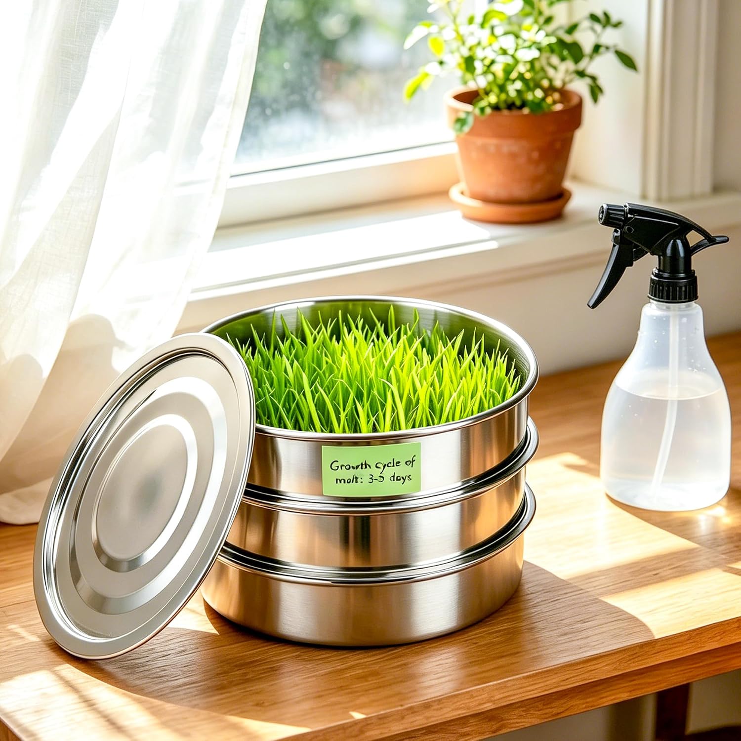 AKAZA 9 Inch Stackable Stainless Steel 3-Tier Mesh Seed Sprouting Kit | 1 Base and 1 Cover Lid with Pen, Brush and
