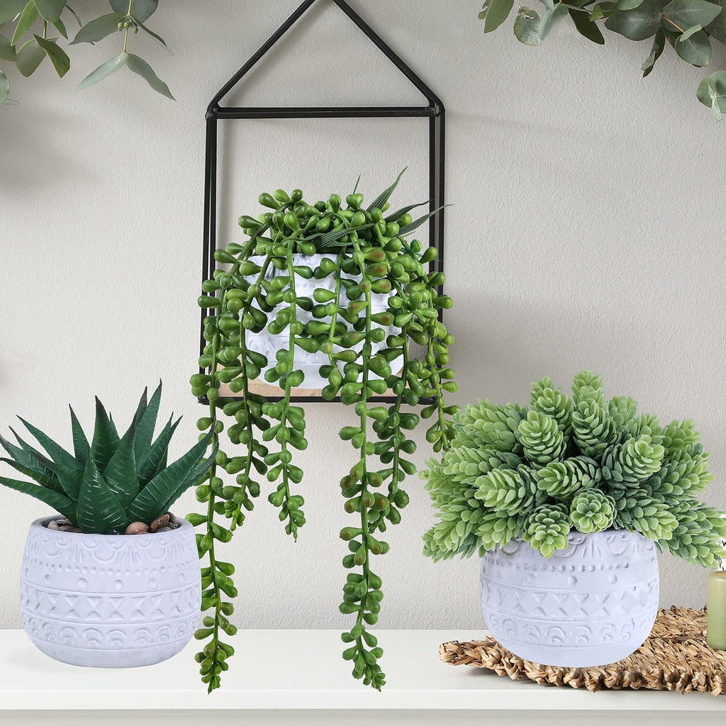 Winlyn 3 Pcs Assorted Small Potted Succulent Plants Artificial Aloe Hanging Succulent in White Geometric Concrete