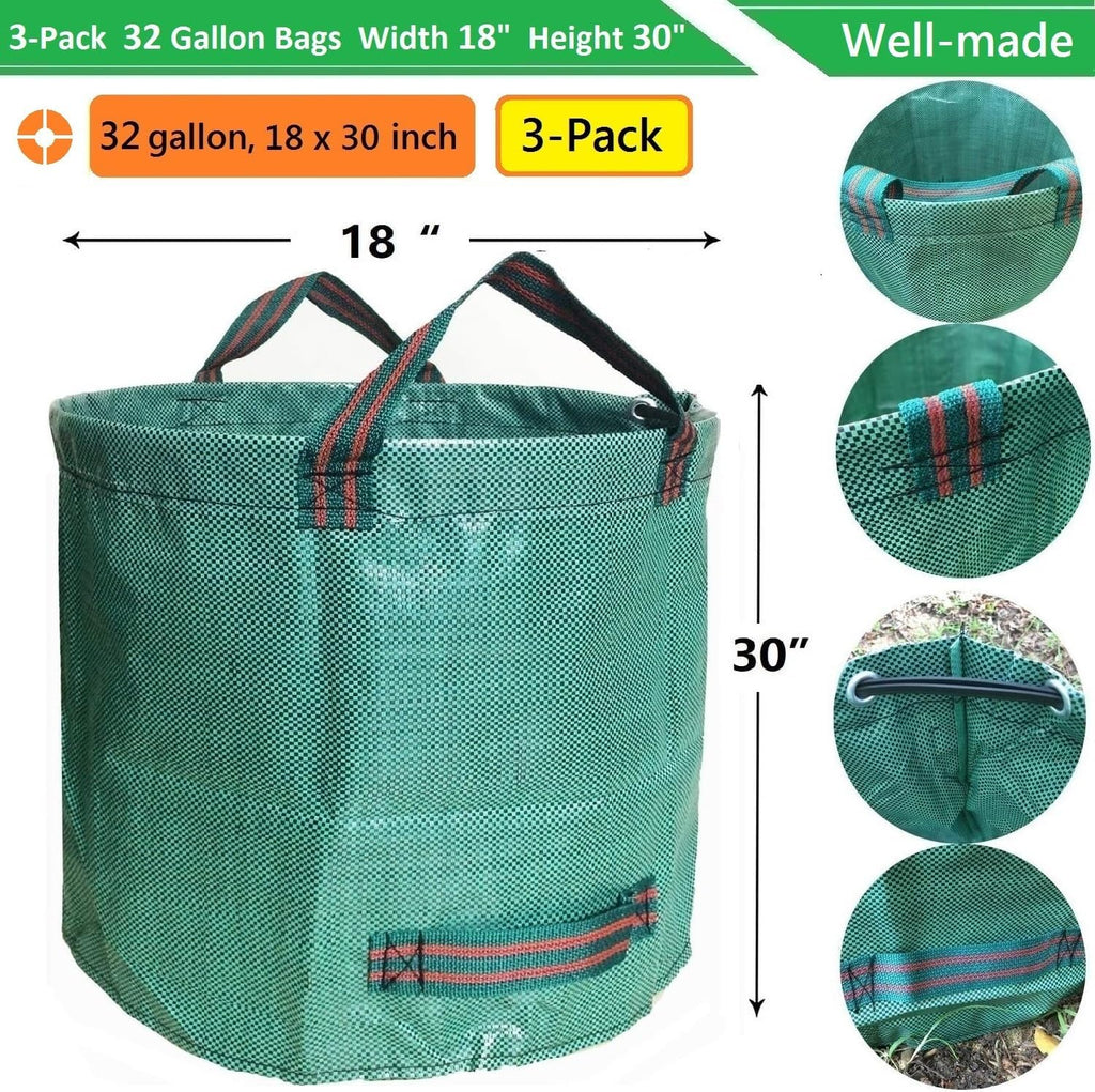 Standard 3-Pack 32 Gallon Lawn Garden Bags (D18,H30 inch) Yard Waste Bags with Gardening Gloves - Reusable Leaf