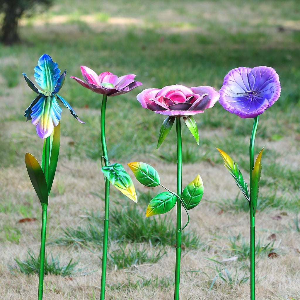 Metal Flower Garden Stake Cute Metal Flower Stick Art Ornament Decor Spring Floral Outdoor Flower Garden Stakes, 4 Pcs