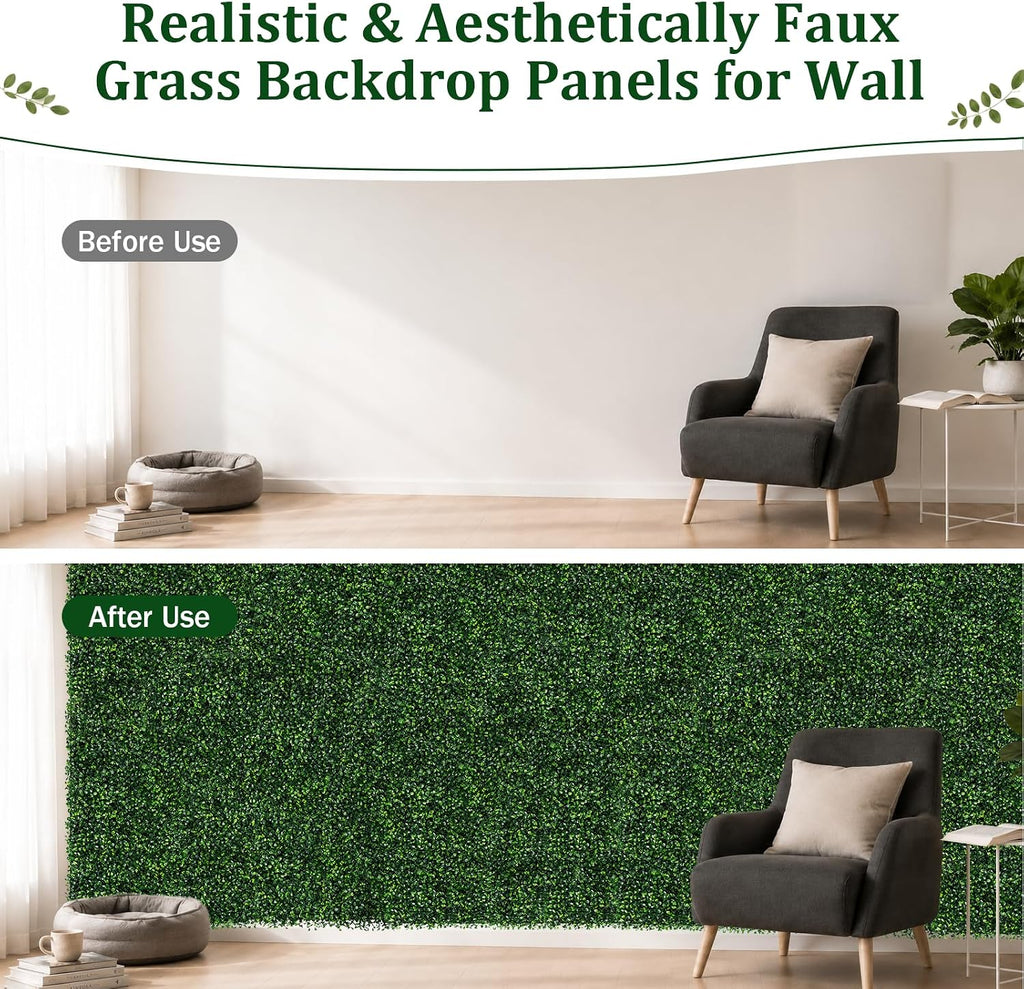 Artificial Grass Wall Panels Backdrop, 10"X10" 12P(8.4 sqft) UV-Anti Faux Greenery Privacy Fence Screen, Artificial