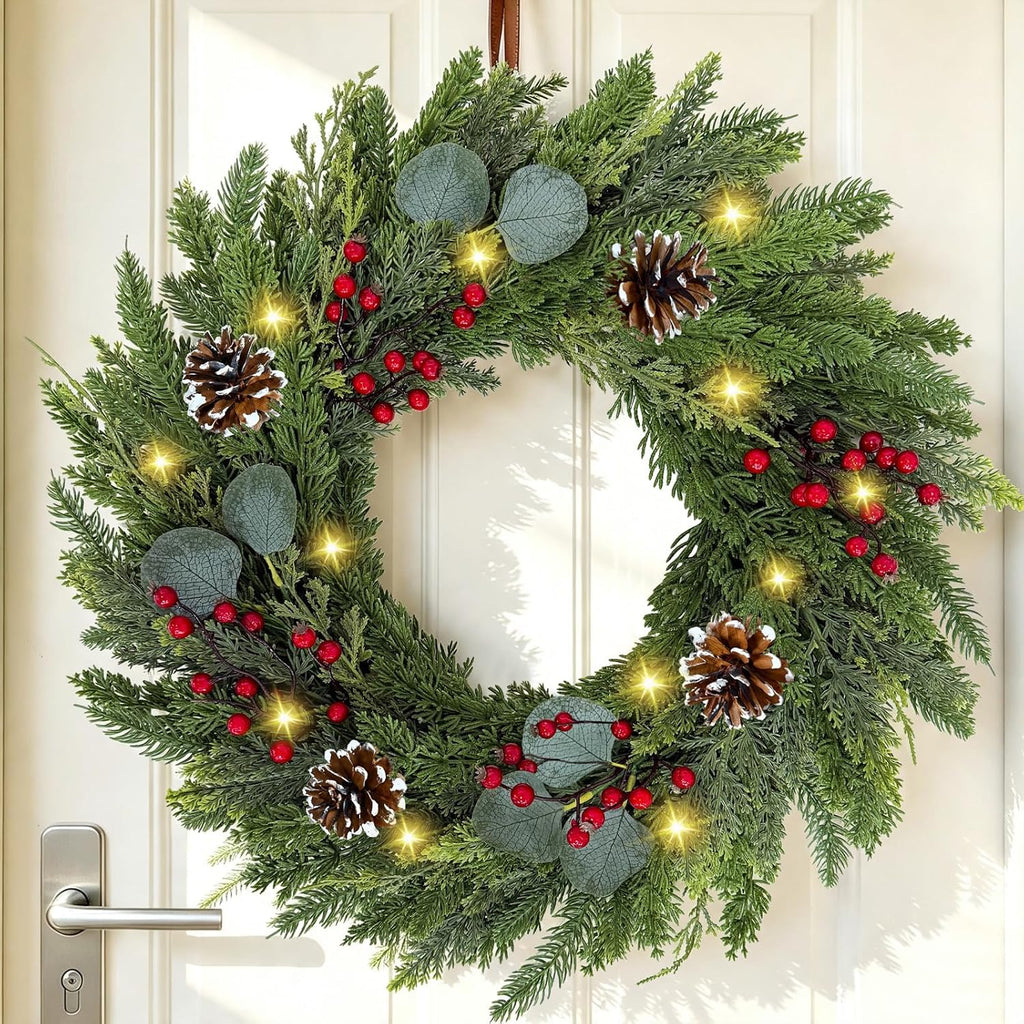 Dingion 23.6" Christmas Teardrop Swag with Bells Red Bow, Faux Spruce