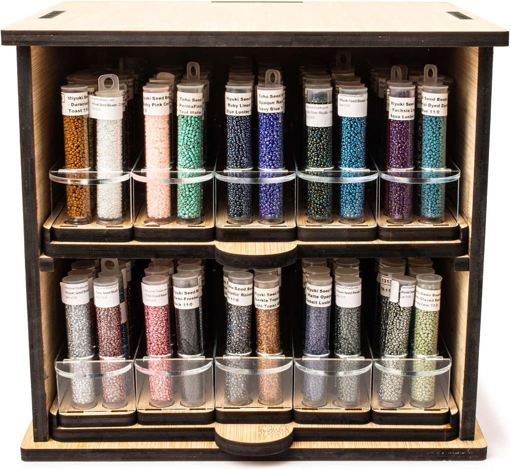 Bamboo Bead Cabinet – Bead Storage Organizer for Delica & Seed Bead Tubes – 60-Slot Wooden Rack for Jewelry Making &