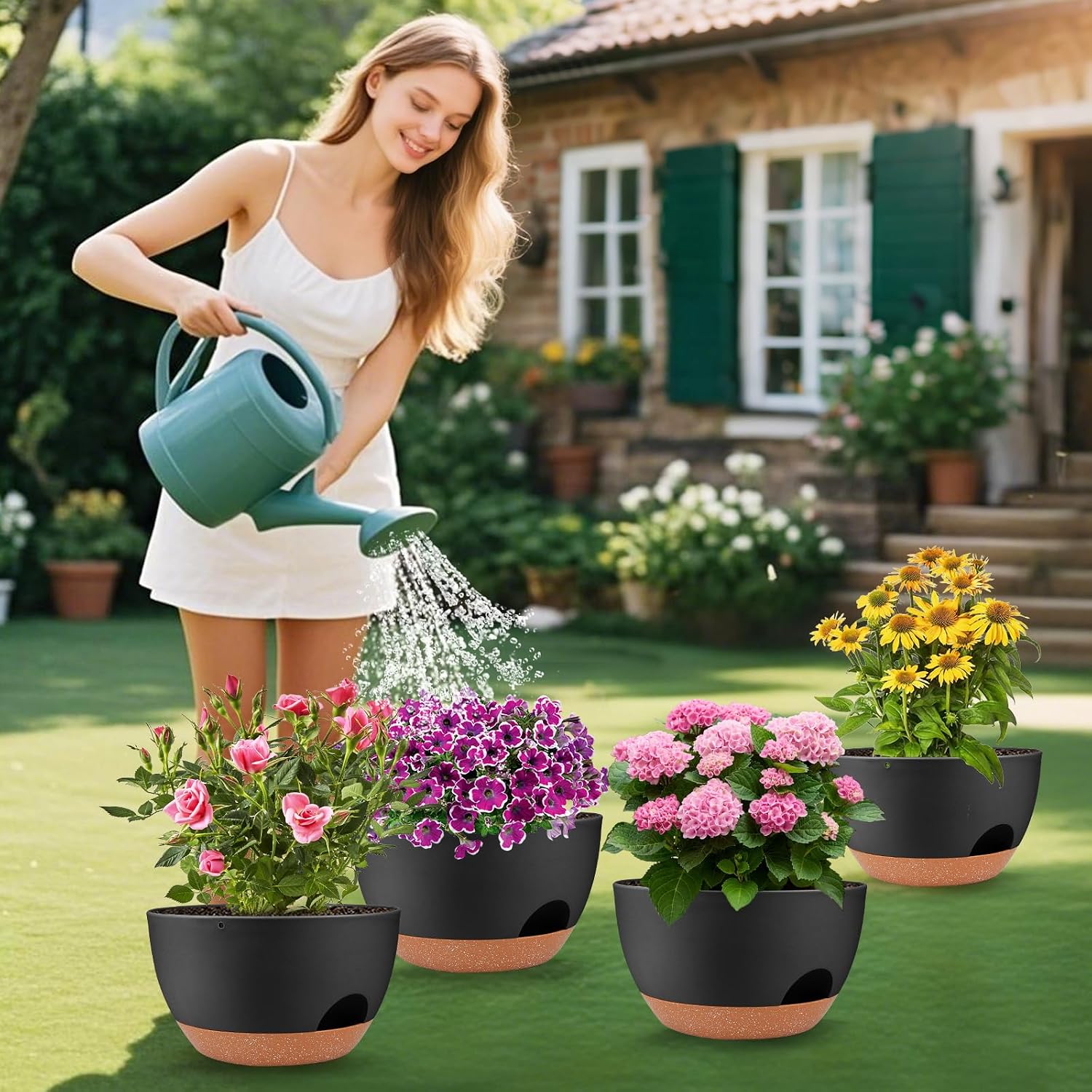 Vanslogreen Plant Pots 12inch Self Watering Pots, Set of 2 Plastic Planters with Drainage Holes and Saucers, Flower