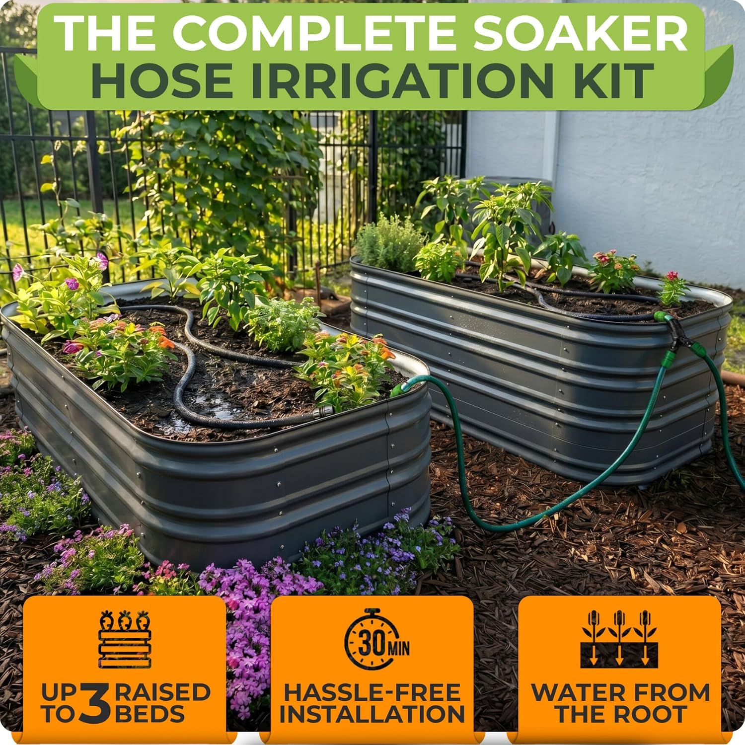 1/2" Soaker Hose Kit Mainline Tubing and Connectors, 50 feet | For Deep Root Watering Your Garden, Raised Beds or