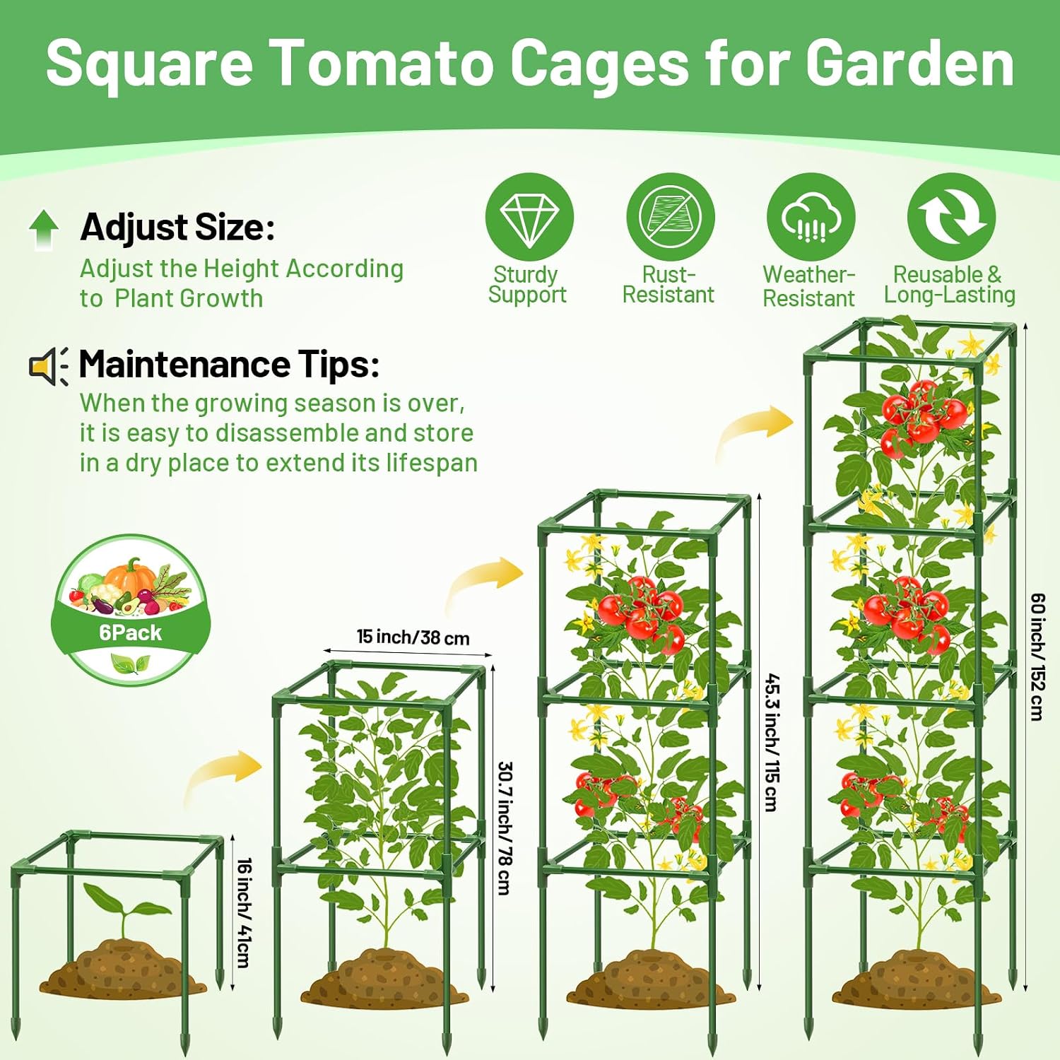 6 Pack 60 Inch Tomato Cages for Garden, Heavy Duty Tomato Trellis | Adjustable & Reusable Square Tomato Plant Support