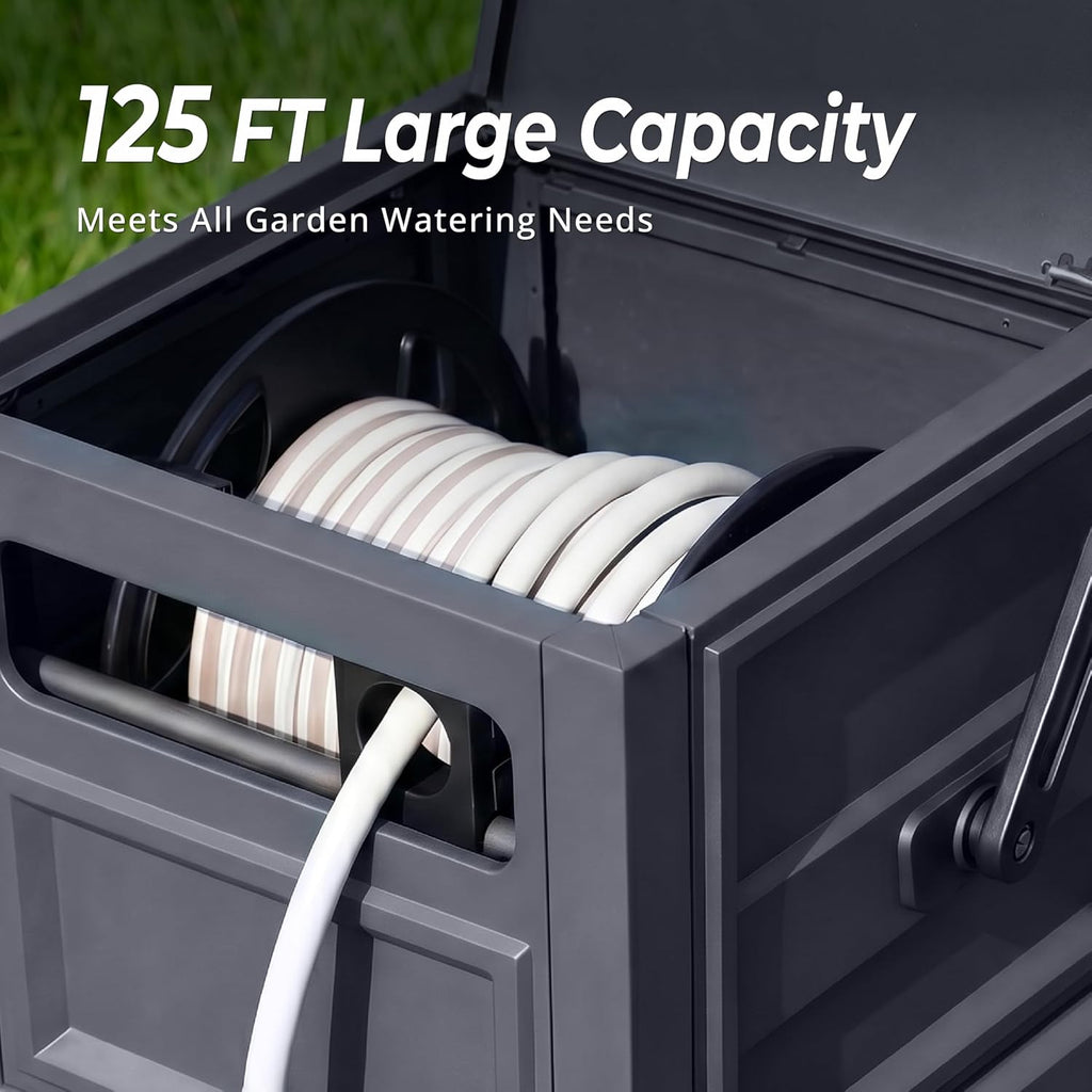 Garden Hose Reel Hideaway, Heavy Duty Metal Hose Reel Box Holds 125FT x 5/8" Hose, Steel Hose Storage Box with Manual