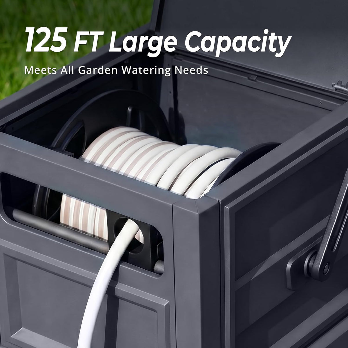 Garden Hose Reel Hideaway, Heavy Duty Metal Hose Reel Box Holds 125FT x 5/8" Hose, Steel Hose Storage Box with Manual