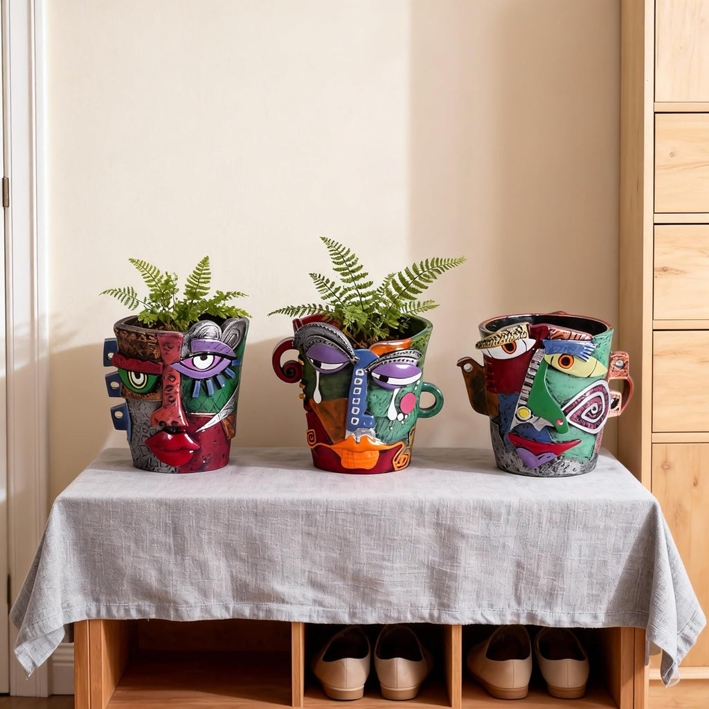 Mini Face Planters 3PC Set – Unique Resin Art Flower Pots for Succulents, Cacti & Small Plants – Decorative Funny Plant