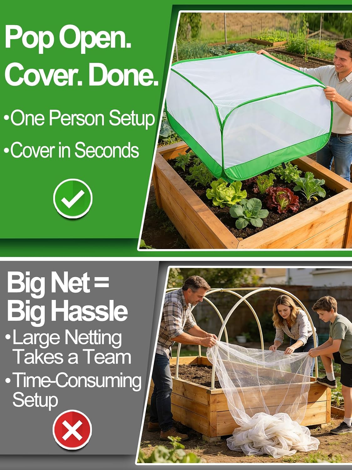 Pop Up Garden Netting for Square Raised Beds, 3.3'L x 3.3'W x 1.65'H | Protection for Vegetables Fruit from Birds
