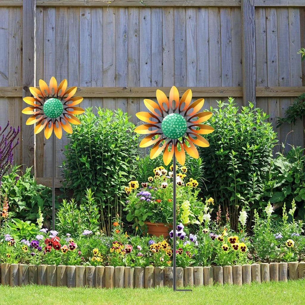 2pcs Sunflower Wind Spinner Outdoor, Freestanding Kinetic Wind Sculpture with Stake, Metal Windmill for Outside Garden