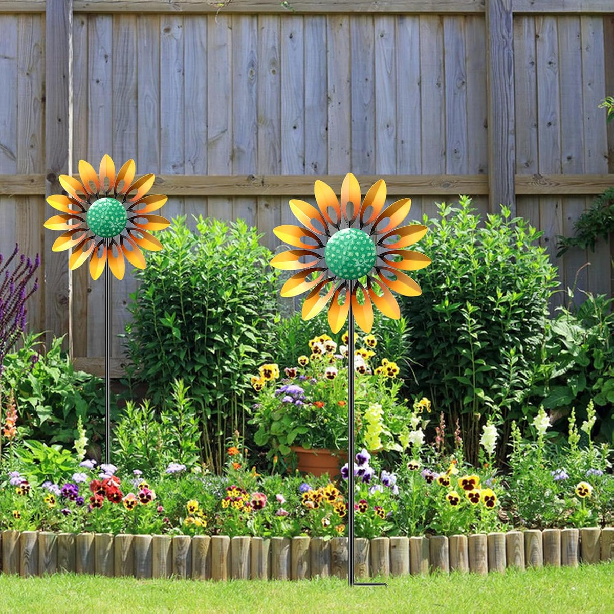 2pcs Sunflower Wind Spinner Outdoor, Freestanding Kinetic Wind Sculpture with Stake, Metal Windmill for Outside Garden