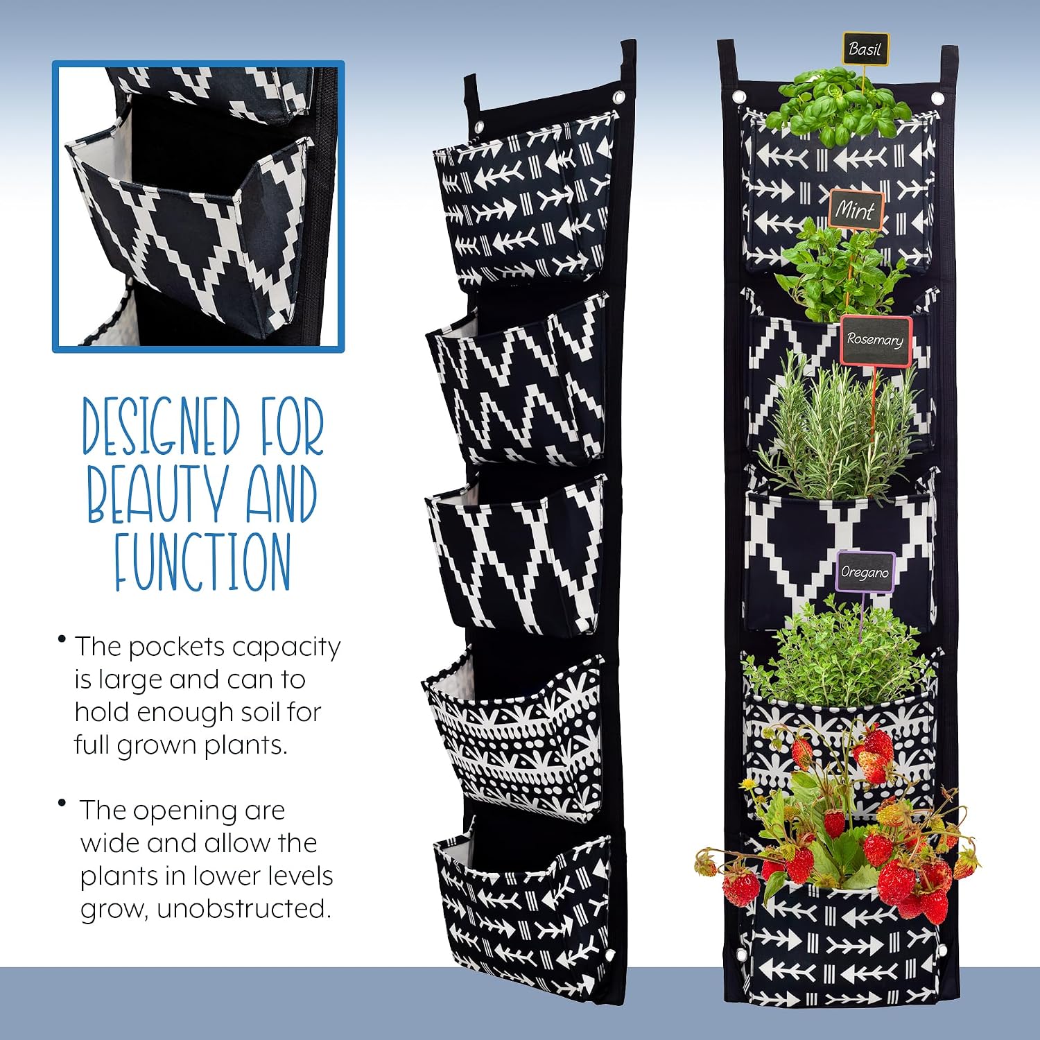 Esterno Boho Fabric Hanging Planter (3 Sets of 5 Pockets); Vertical Hanging Herb/Flower Planter