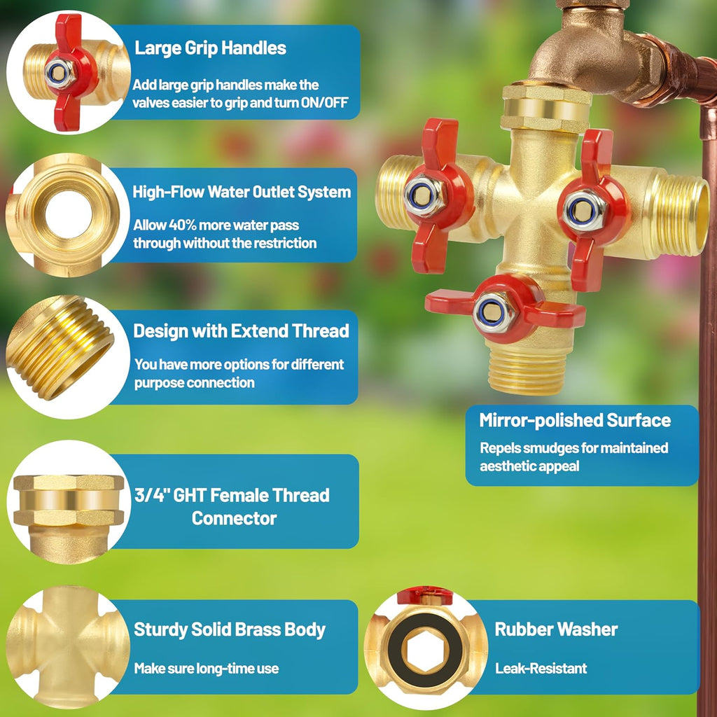 Full Flow 3 Way Hose Splitter, Solid Brass Garden Hose Splitter Valve with Metal Handle, Heavy Duty High Flow Spigot