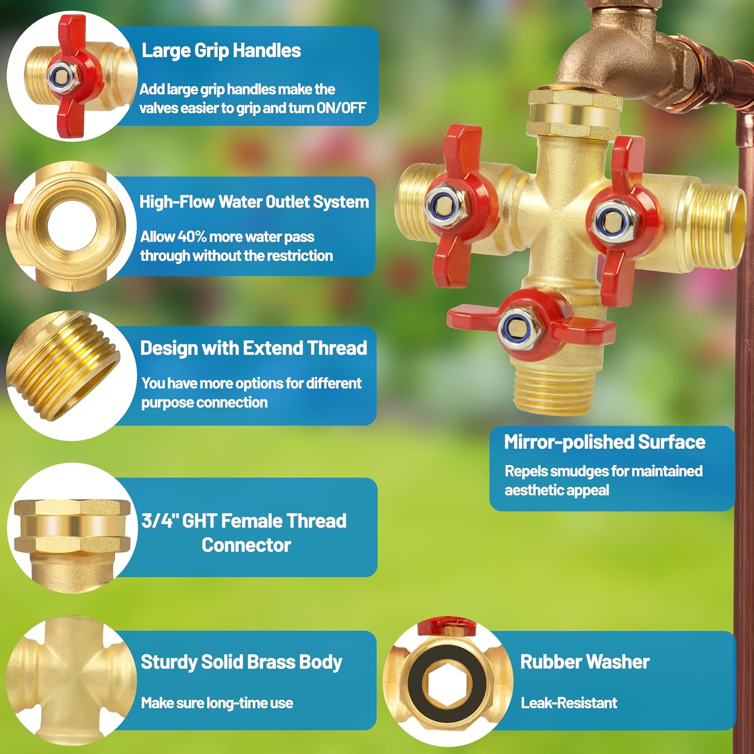 Full Flow 3 Way Hose Splitter, Solid Brass Garden Hose Splitter Valve with Metal Handle, Heavy Duty High Flow Spigot
