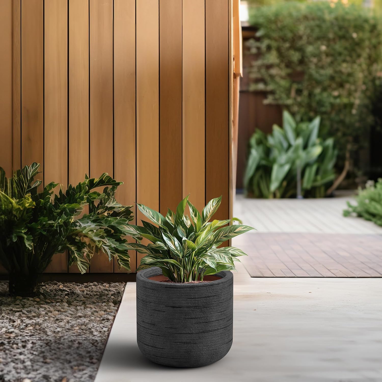 Kante Large Round Capsule Dark Gray Concrete Planter 13.8" Dia, Outdoor | Rubber Plug for Indoor, Drainage for Garden
