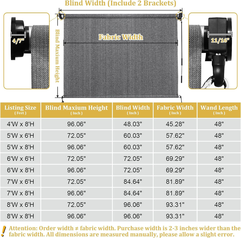 Shade&Beyond Outdoor Roller Shades with Splicing Design, 8' W x 8' H Cordless Patio Roll Up Blinds, Exterior Shade