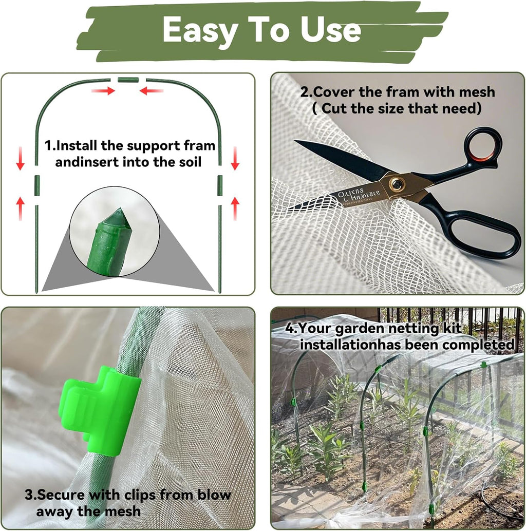 Garden Mesh Netting Kit for Raised Beds, 10 * 30 FT Ultra Fine Plant Netting Covers with 6 Pcs Wide Garden Hoops & 12