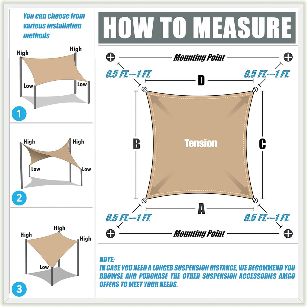 Amgo 8' x 10' Beige Rectangle Square Sun Shade Sail Canopy Awning Fabric Mesh AGSLR, 95% UV Blockage, Water & Air