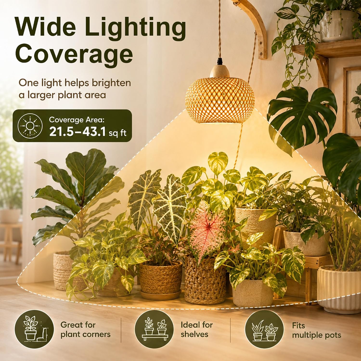 Wall Mounted Grow Lights for Indoor Plants with Timer, Hanging Light | 3500K Full Spectrum Pendant Grow Light, Rattan