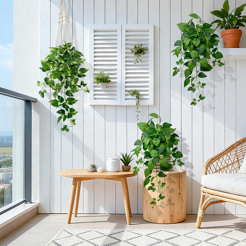 2 Pack Artificial Hanging Plants with White Pots 23.6'' | Fake Pothos Potted Plants Faux Ivy Vines Realistic Greenery