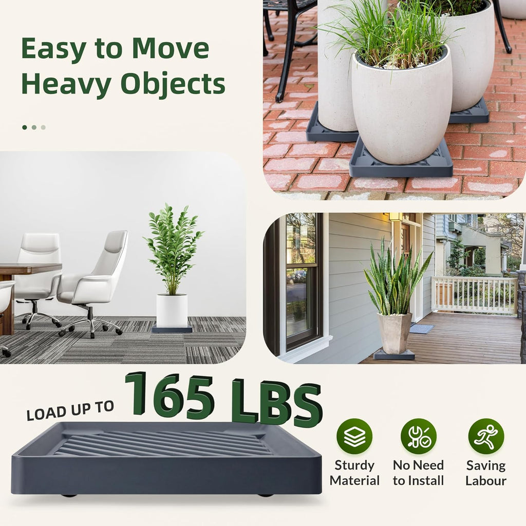 REDHUGO 2 Pcs Square Plant Caddy with Hidden Wheels, Gray, 9.96 Inch | Heavy-Duty Rolling Plant Caddy with Hidden