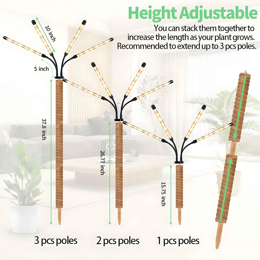Grow Lights with Moss Pole for Indoor Plants, Full Spectrum LED Plant Light with Auto 3/9/12H Timer, Adjustable Height