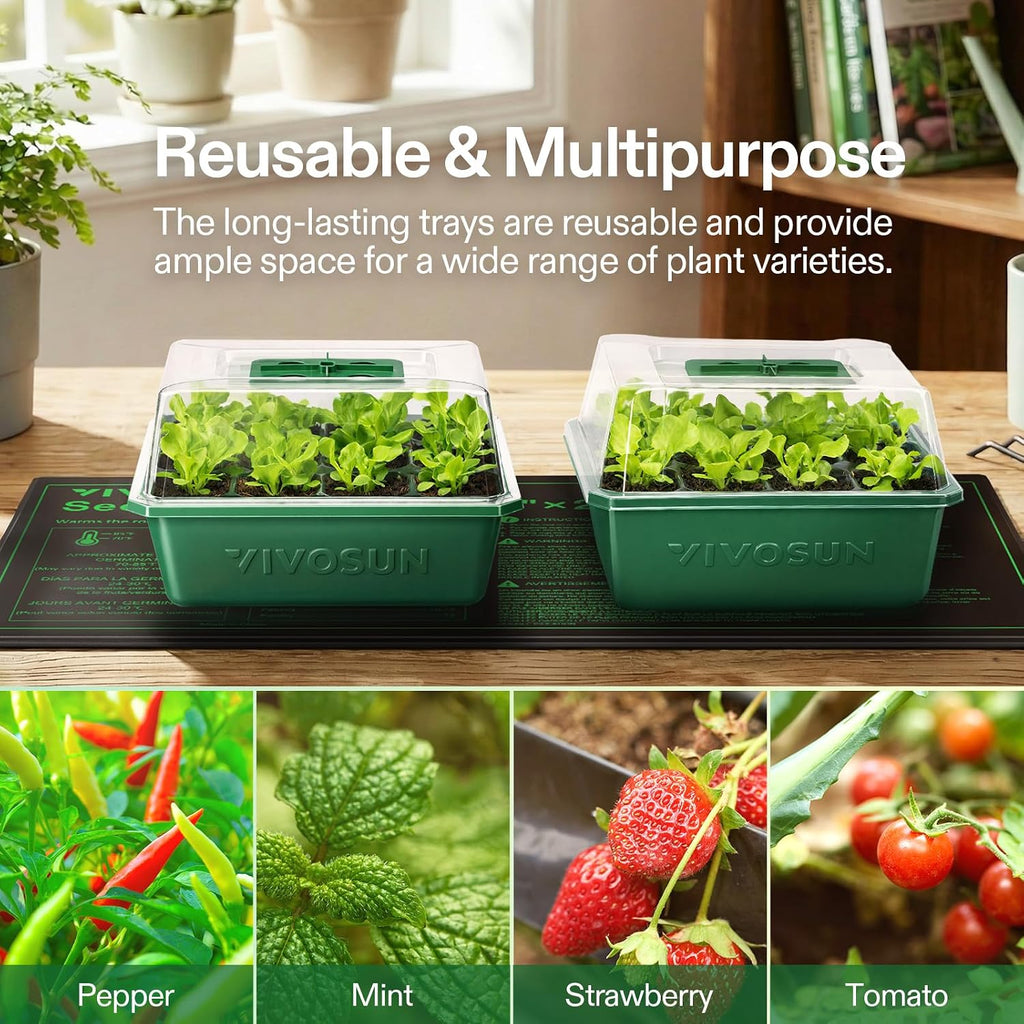 VIVOSUN 6-Pack Seed Starter Trays & 10"x20.75" Seedling Heat Mat | Self-Adjusting Digital Display Temperature