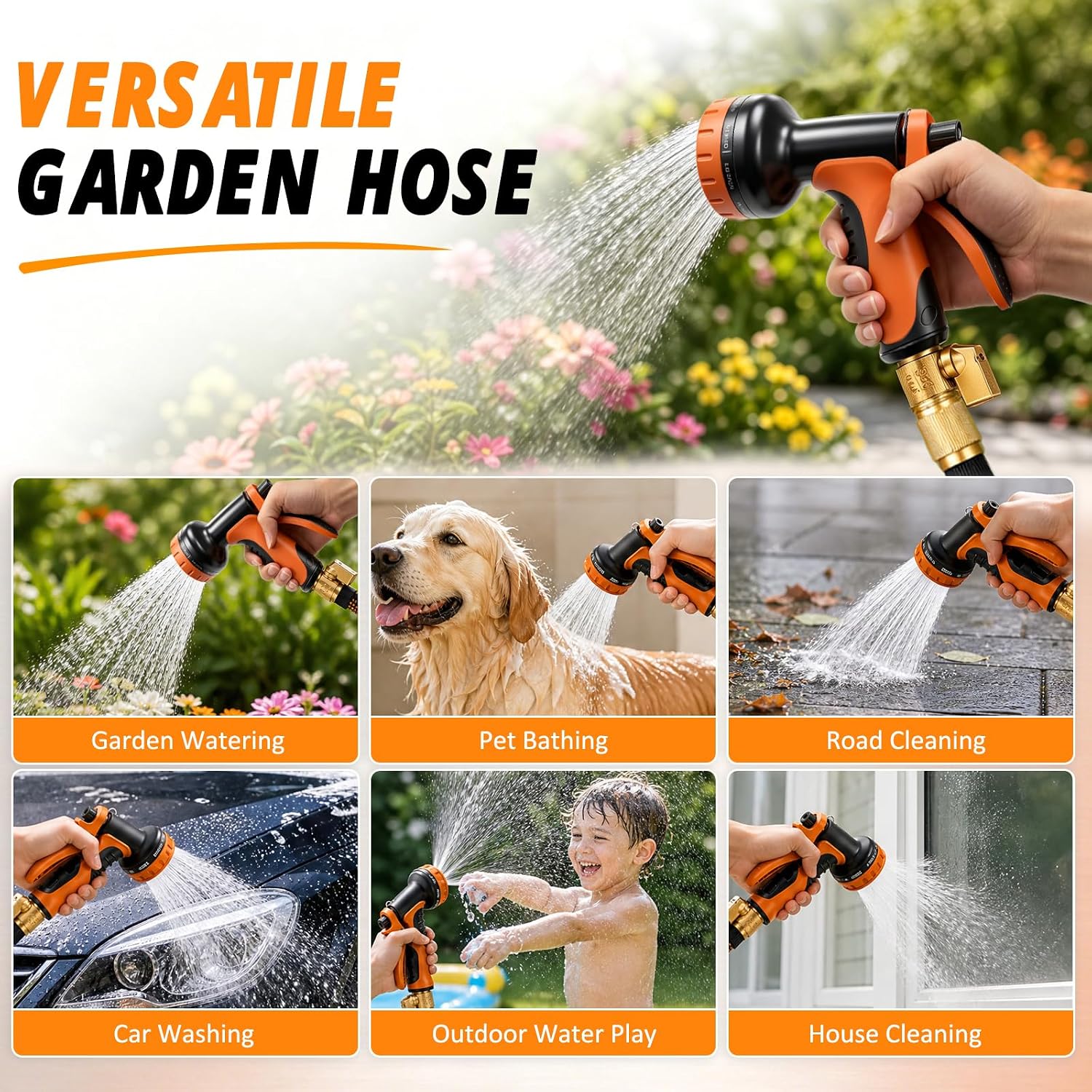 Non-Expandable Garden Hose 50FT, Ultra Lightweight Flexible Water Hose with 10-Function Spray Nozzle, Kink-Free and