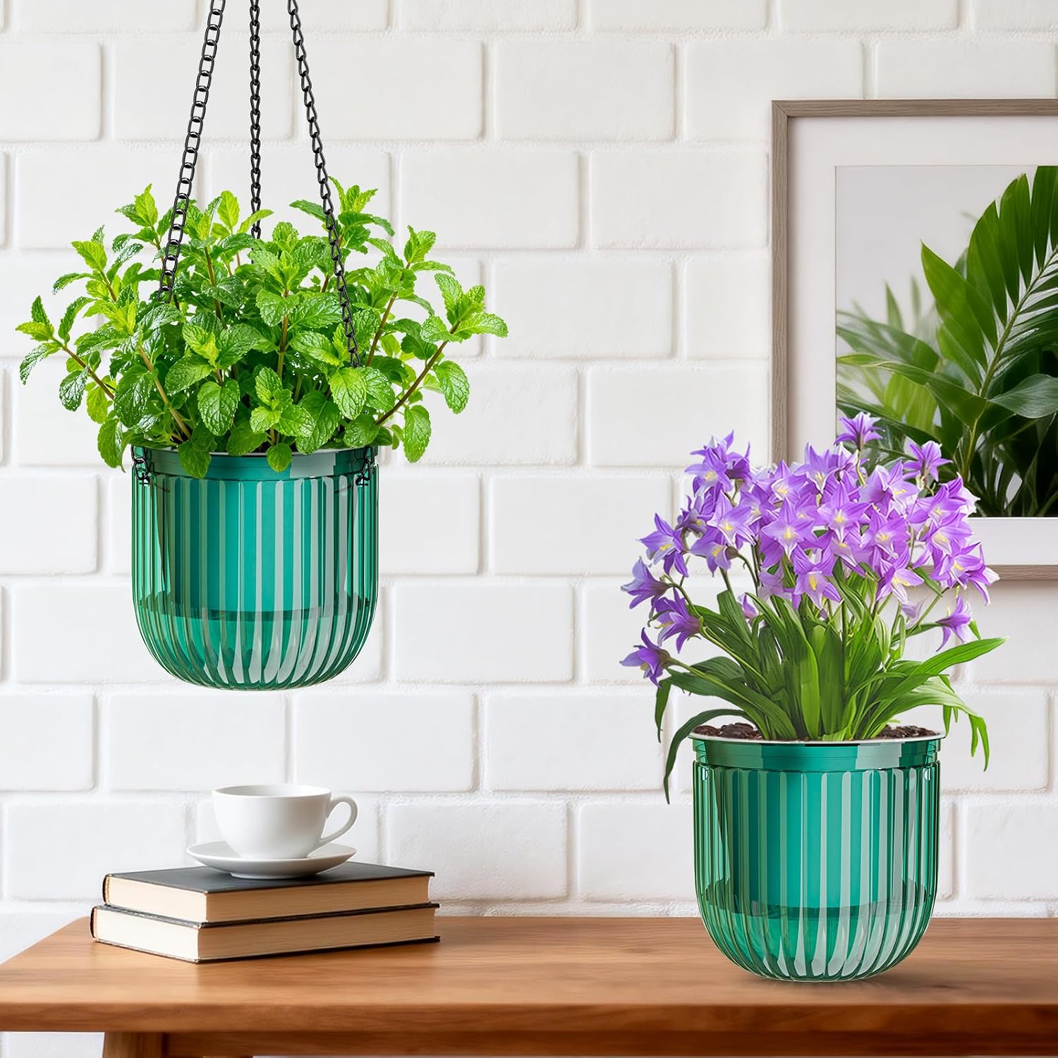 Halatool 2 Pack 8.3 Inch Self-Watering Hanging Planters for Indoor Plants, Outdoor Flower Pots with 2 Metal Chains