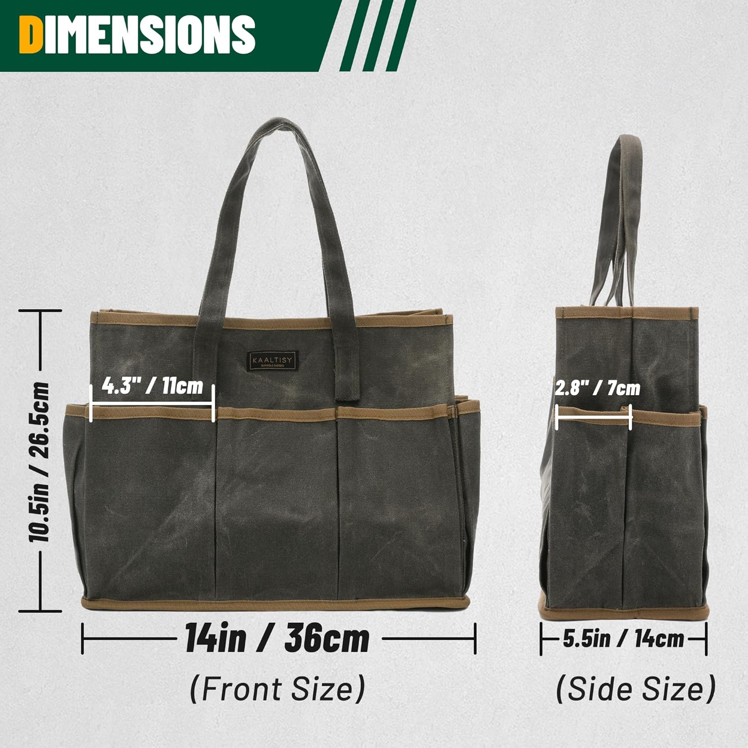 Tool Tote Bag, Heavy Duty 16oz Waxed Canvas Garden Tool Bag | Portable 11-Pocket Tool Storage Bag for Gardener