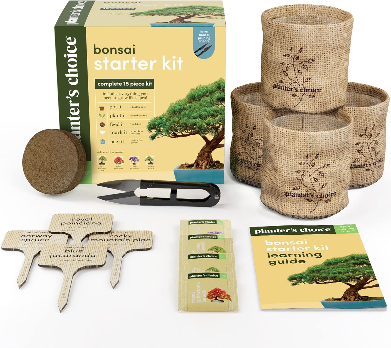 Bonsai Tree Kit for Beginners & Plant Lovers - Grow Your Own Bonsai | 4 Species Starter Kit with Burlap Pots, Shears