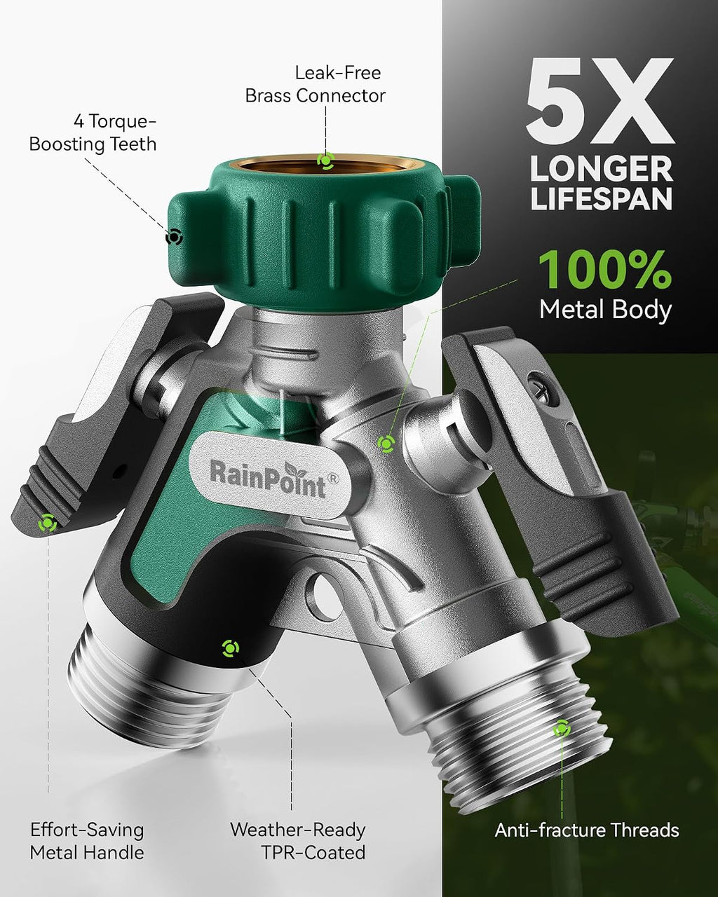 RAINPOINT Garden Hose Splitter 2 Way, All Metal Heavy Duty Water Hose Y Splitter With 2.05" Extra Long Side Handle &