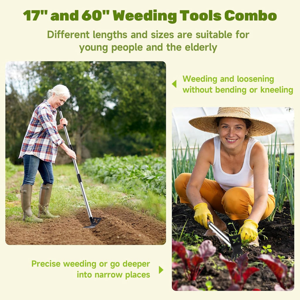60" Weed Puller Tool with Long Handle and 17" Weeding Tools Gardening Set | Dual Side Hand Weed Rake and Hoe Garden