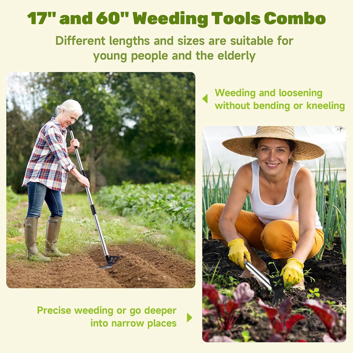60" Weed Puller Tool with Long Handle and 17" Weeding Tools Gardening Set | Dual Side Hand Weed Rake and Hoe Garden